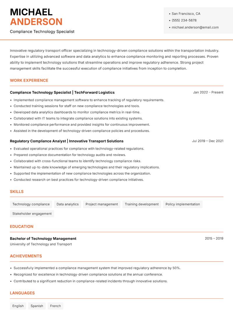 Regulatory Transport Officer resume template — Modern Professional