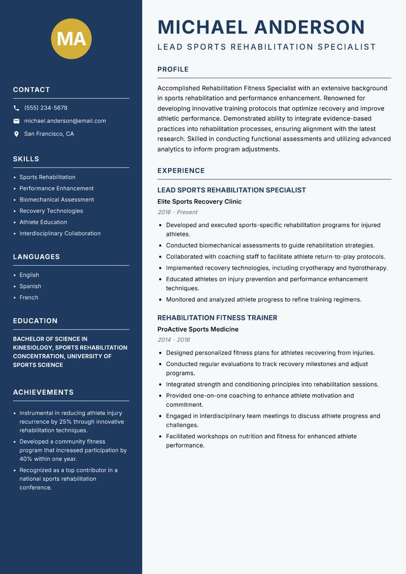 Rehabilitation Fitness Specialist resume template — Classic Clean
