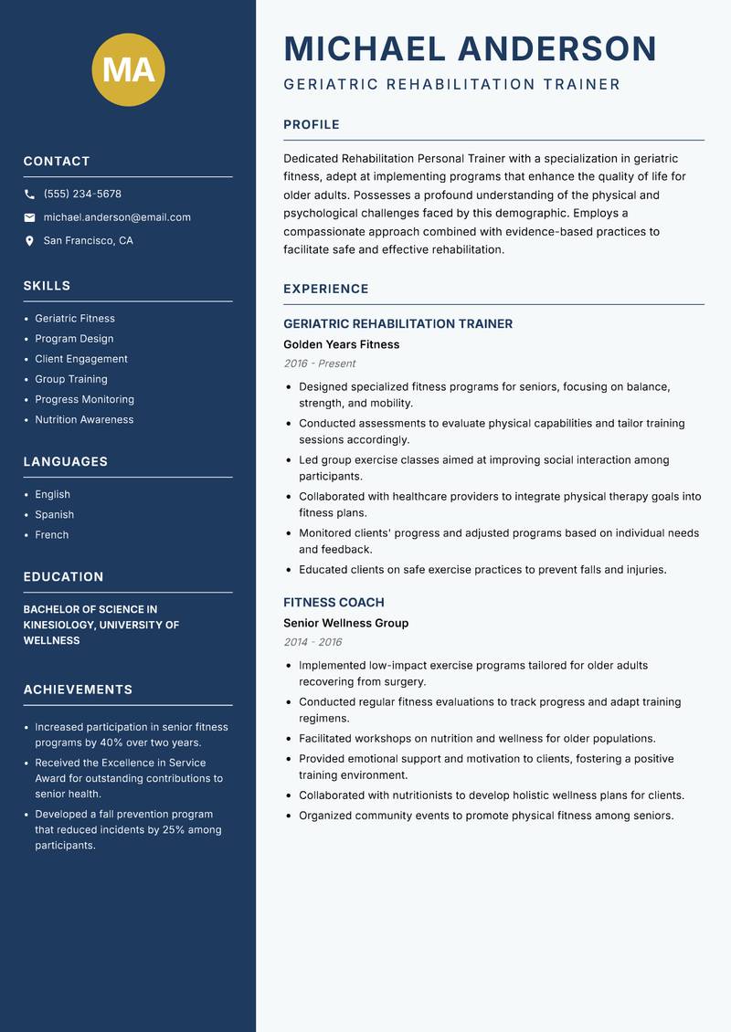 Rehabilitation Personal Trainer resume template — Classic Clean