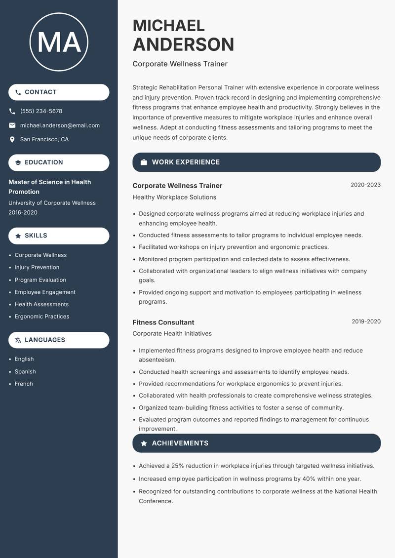 Rehabilitation Personal Trainer resume template — Compact