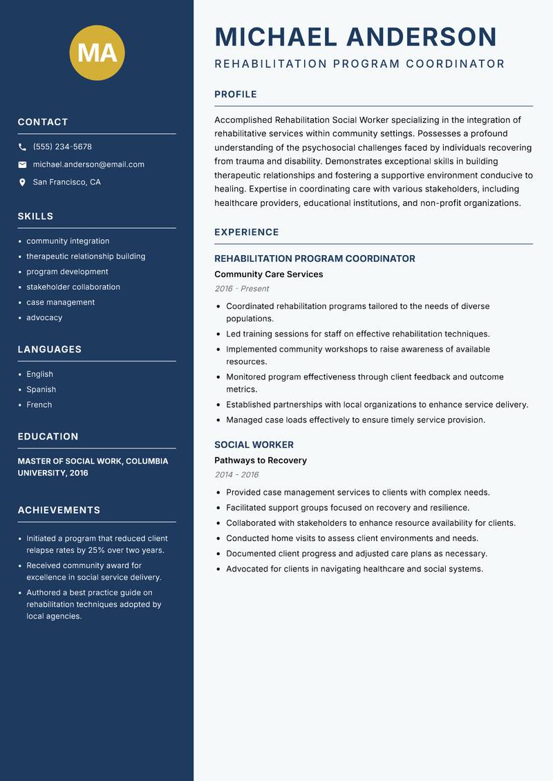 Rehabilitation Social Worker resume template — Classic Clean
