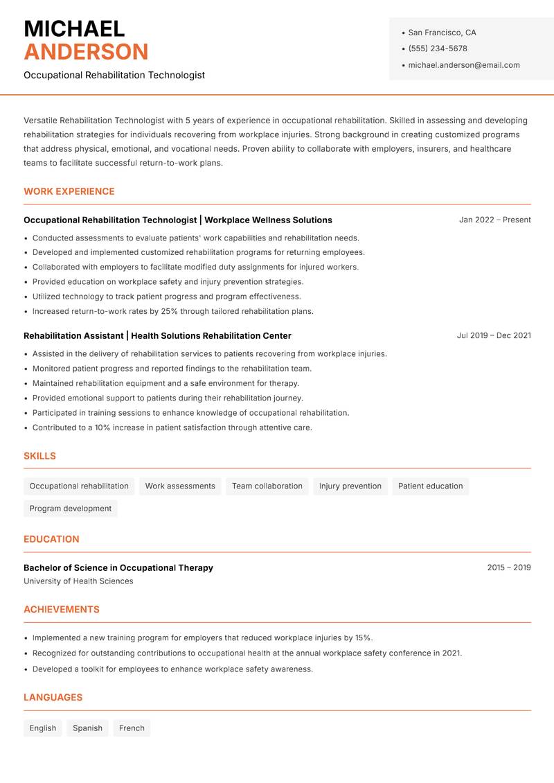Rehabilitation Technologist resume template — Modern Professional