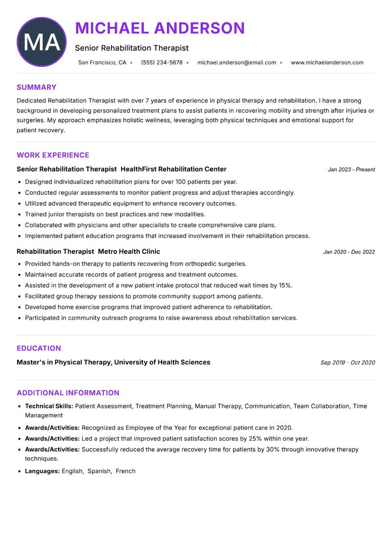 Rehabilitation Therapist resume example — ATS-friendly template