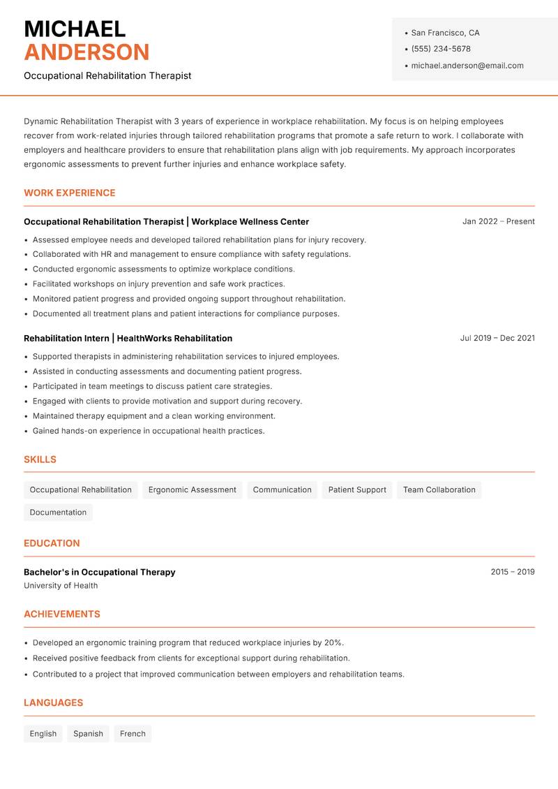 Rehabilitation Therapist resume template — Modern Professional