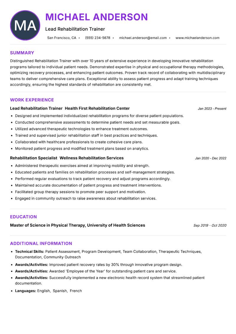 Rehabilitation Trainer resume example — ATS-friendly template
