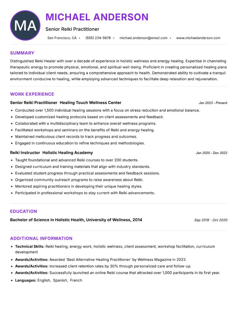 Reiki Healer resume example — ATS-friendly template
