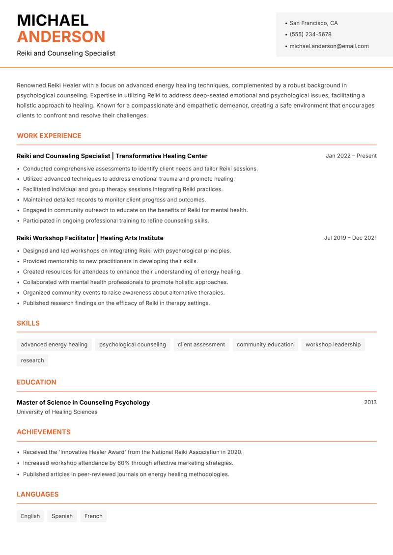 Reiki Healer resume template — Modern Professional
