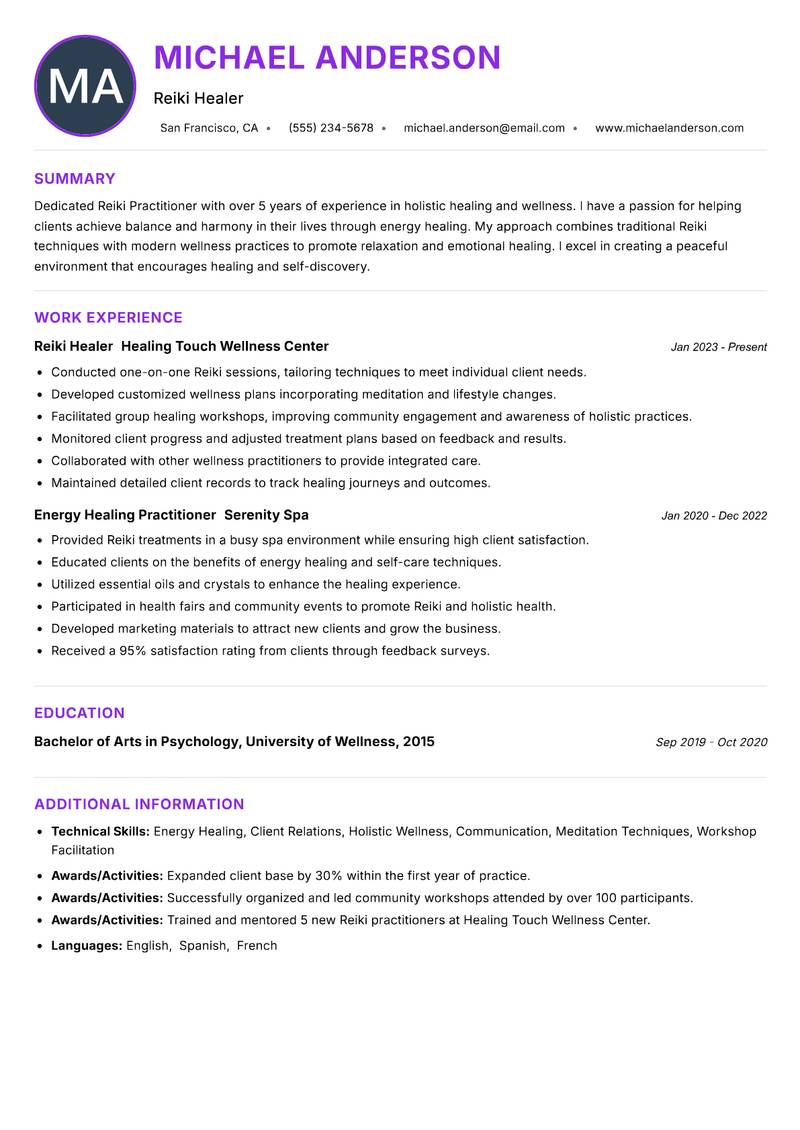Reiki Practitioner resume example — ATS-friendly template
