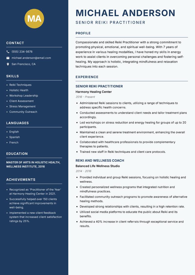Reiki Practitioner resume template — Classic Clean