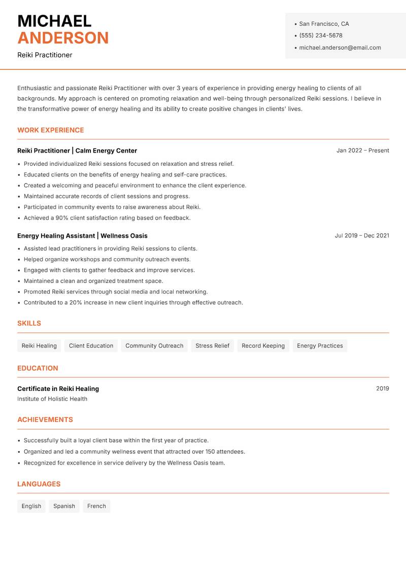 Reiki Practitioner resume template — Modern Professional