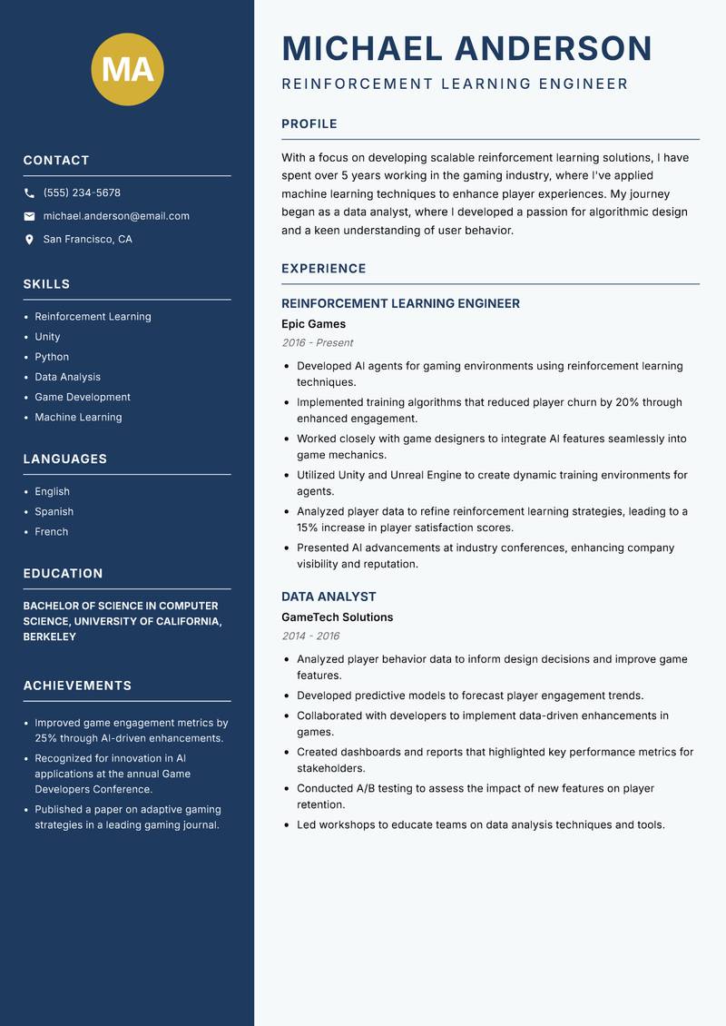 Reinforcement Learning Engineer resume template — Classic Clean