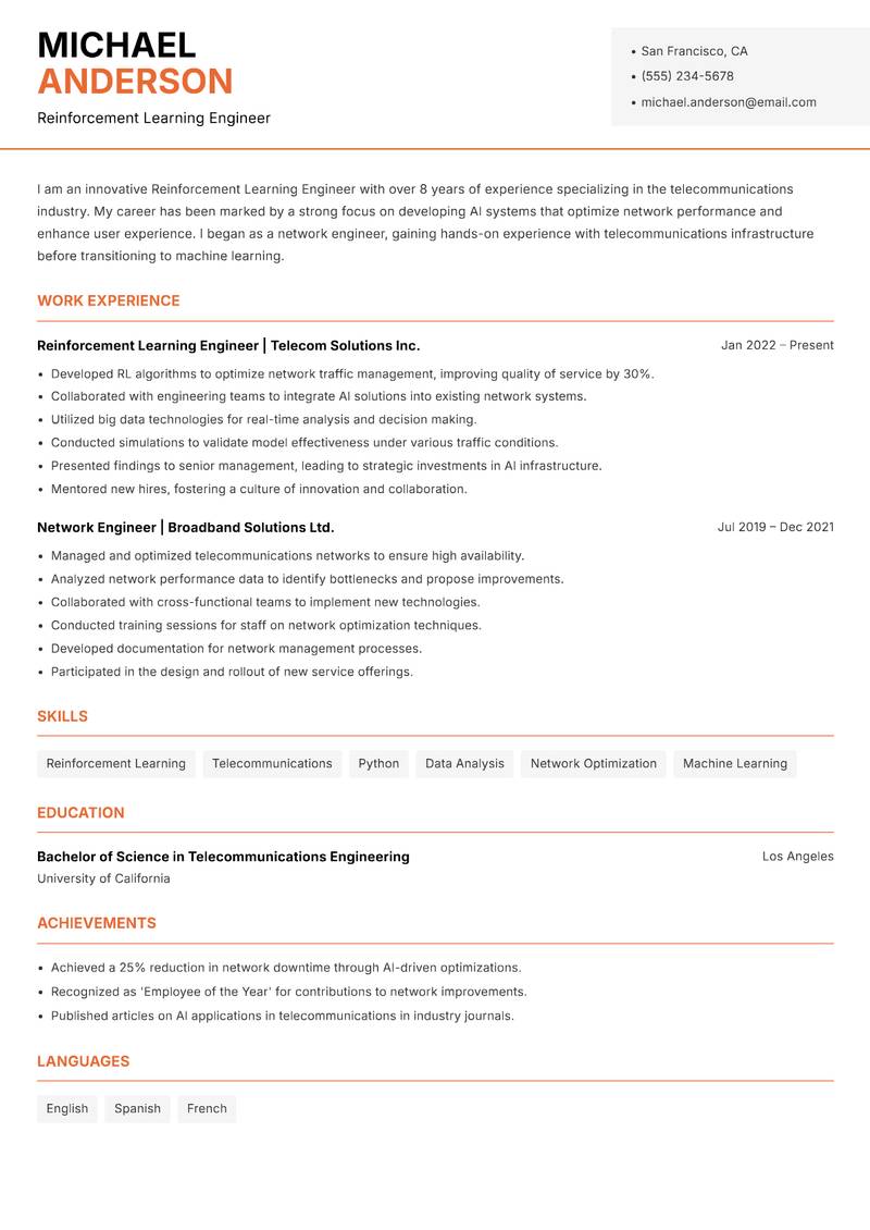 Reinforcement Learning Engineer resume template — Modern Professional