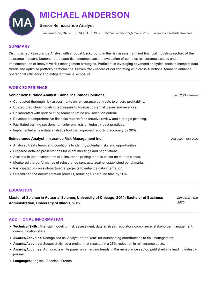 Reinsurance Analyst resume example — ATS-friendly template