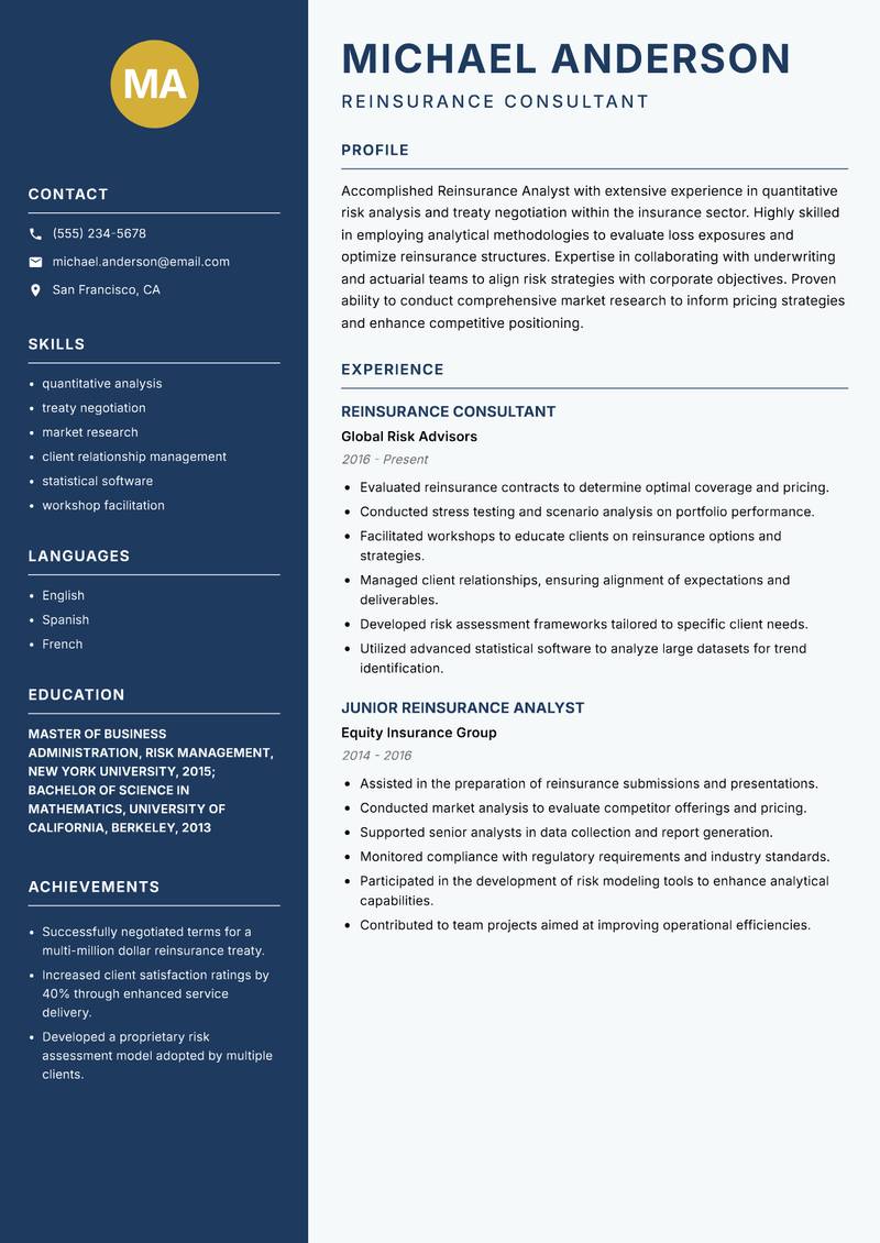 Reinsurance Analyst resume template — Classic Clean
