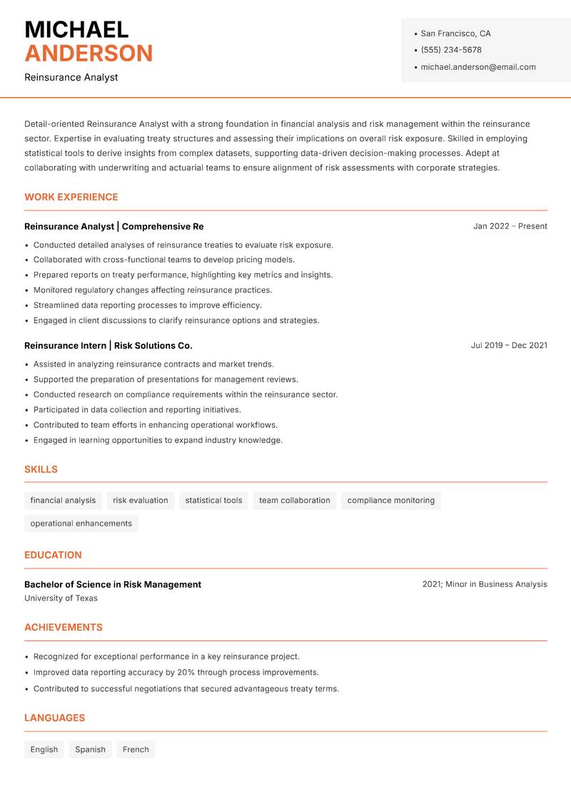 Reinsurance Analyst resume template — Modern Professional