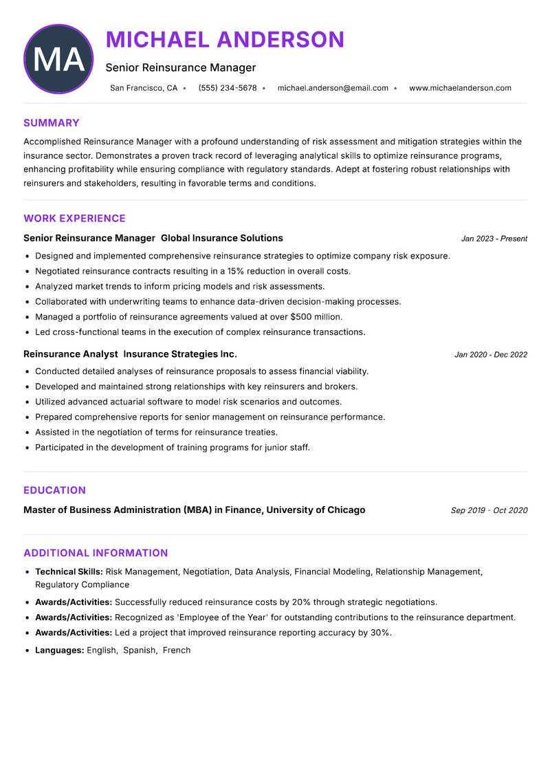 Reinsurance Manager resume example — ATS-friendly template