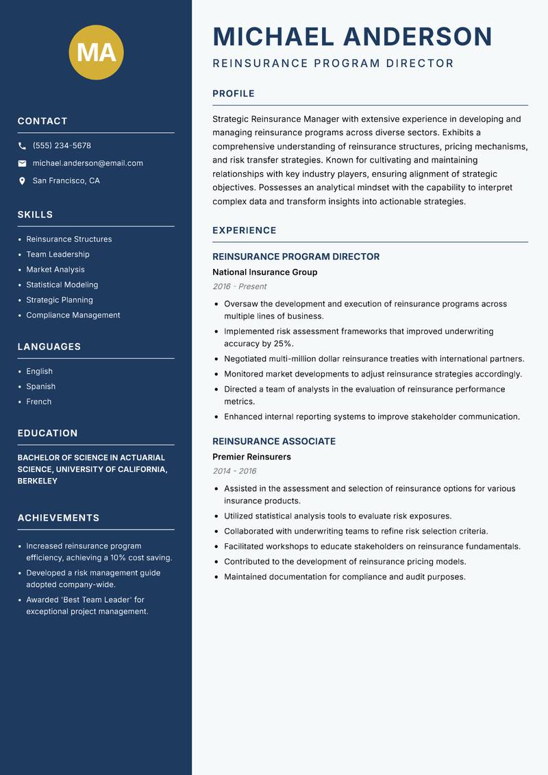 Reinsurance Manager resume template — Classic Clean