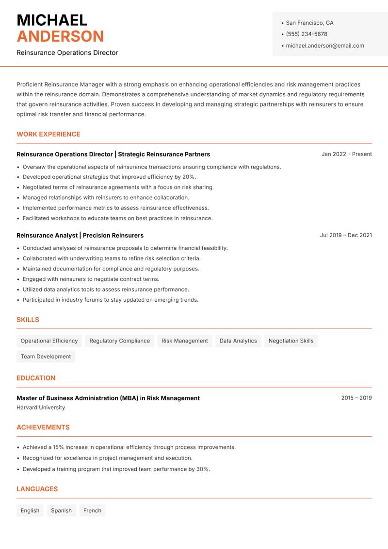 Reinsurance Manager resume template — Modern Professional