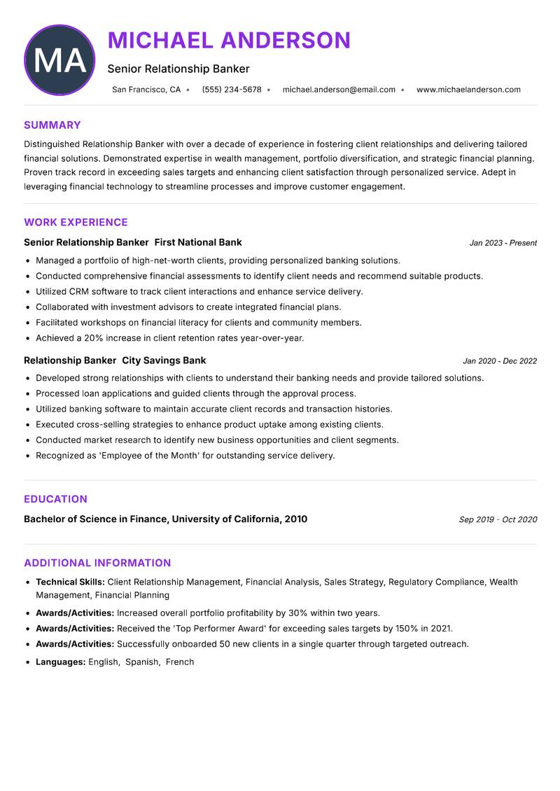 Relationship Banker resume example — ATS-friendly template