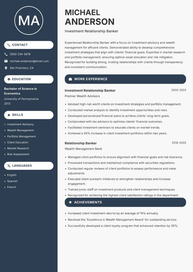 Relationship Banker resume template — Compact