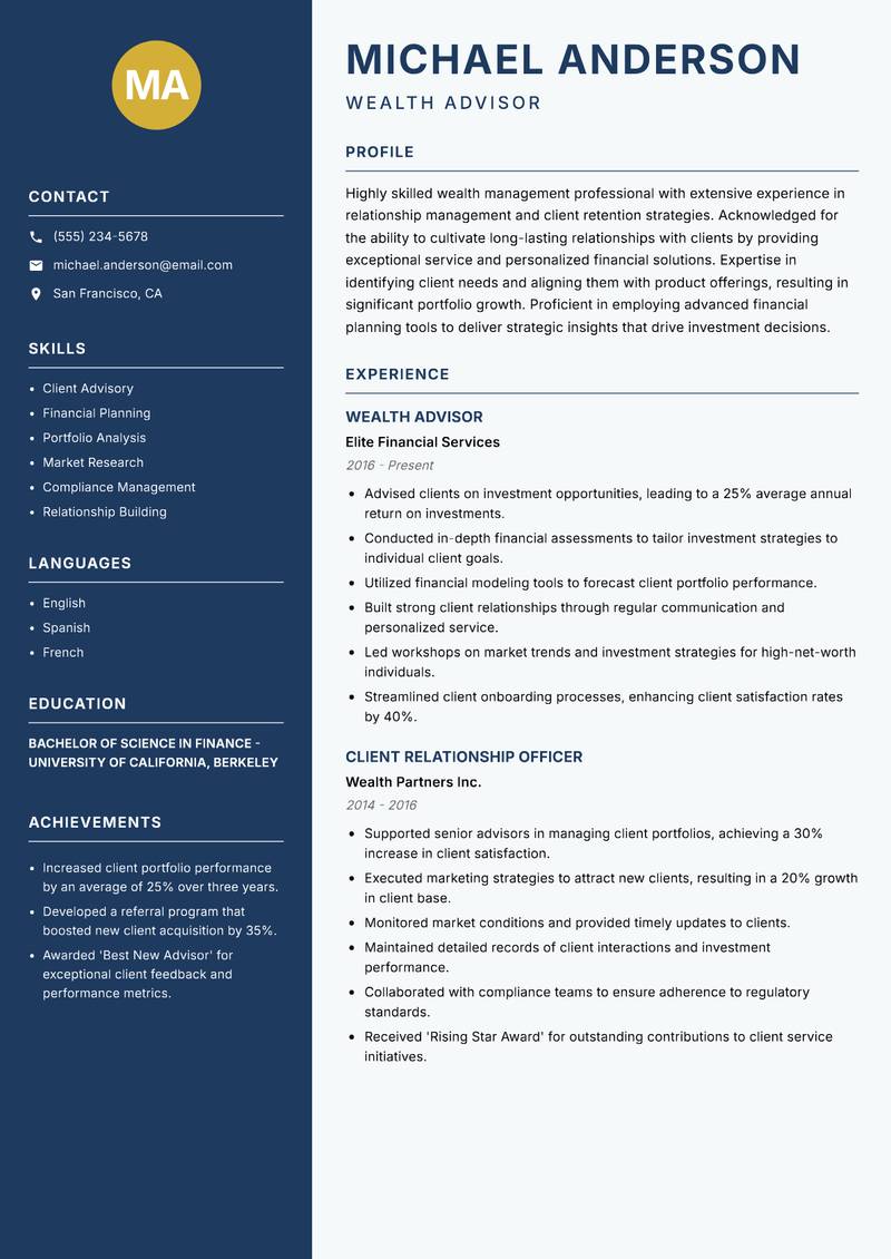 Relationship Manager Wealth resume template — Classic Clean