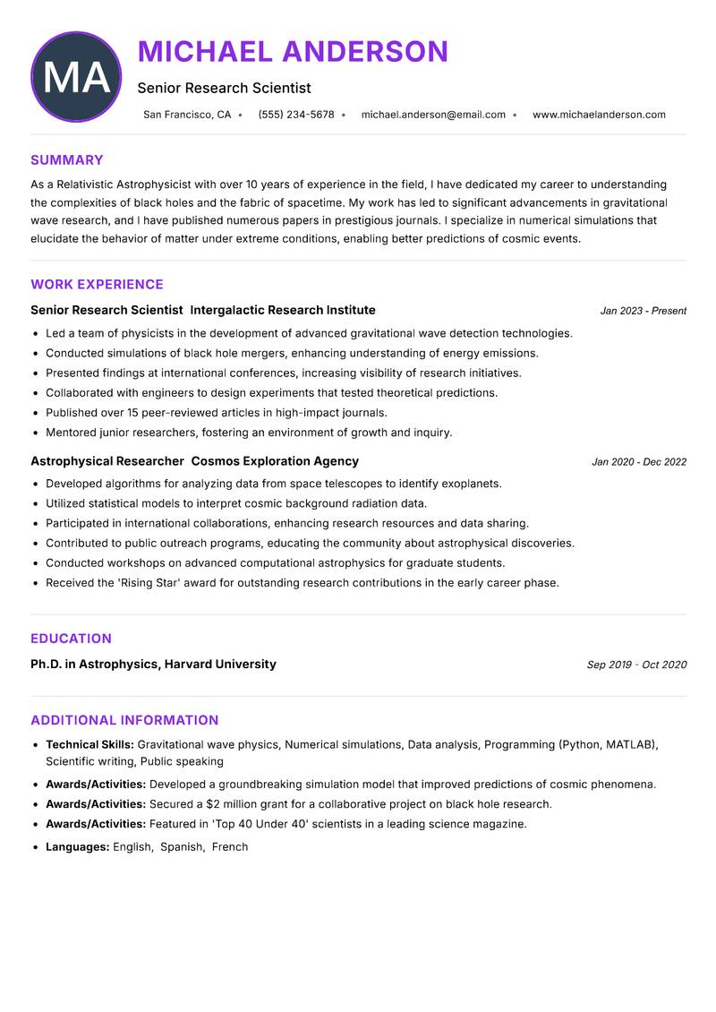 Relativistic Astrophysicist resume example — ATS-friendly template