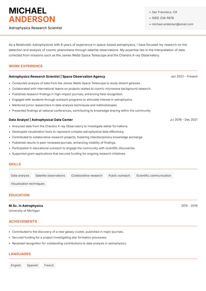 Relativistic Astrophysicist resume template — Modern Professional