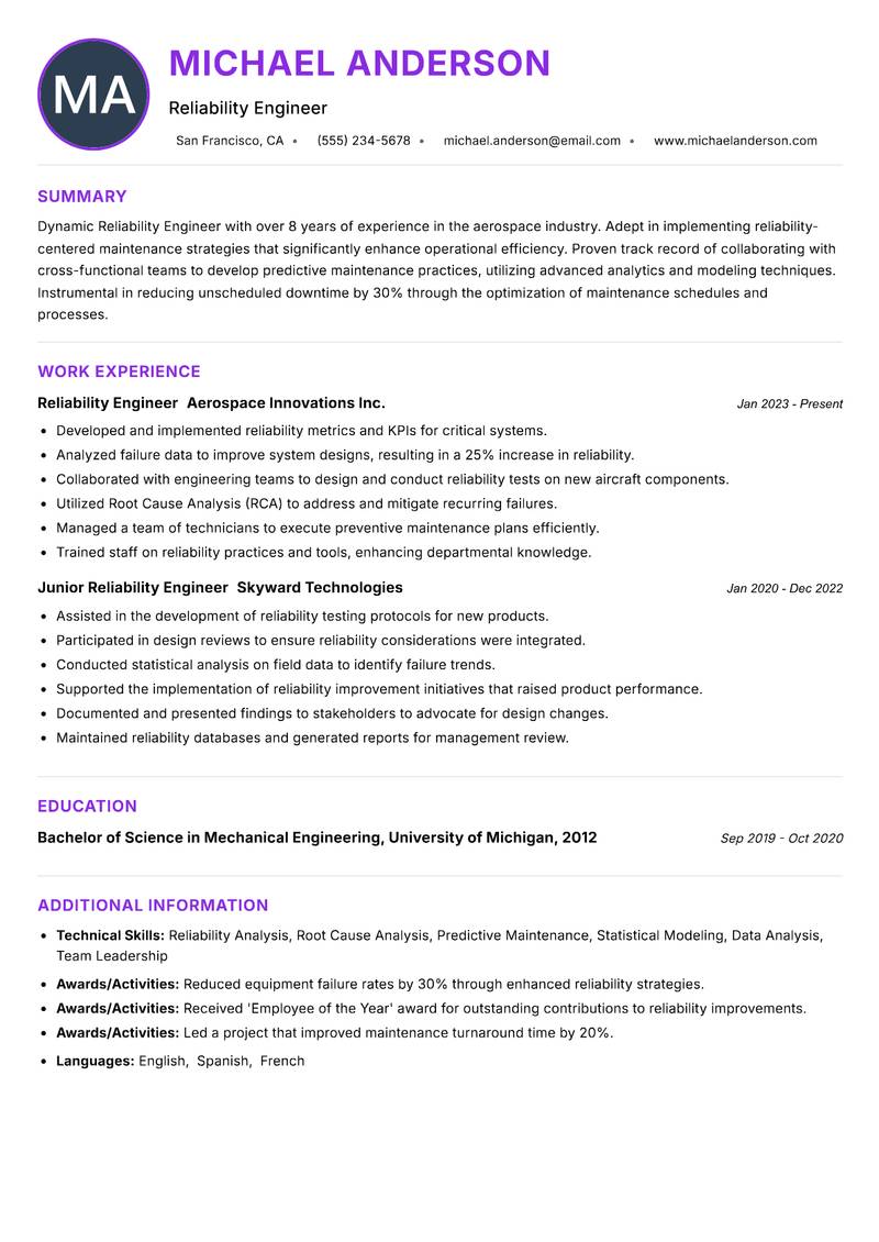 Reliability Engineer resume example — ATS-friendly template