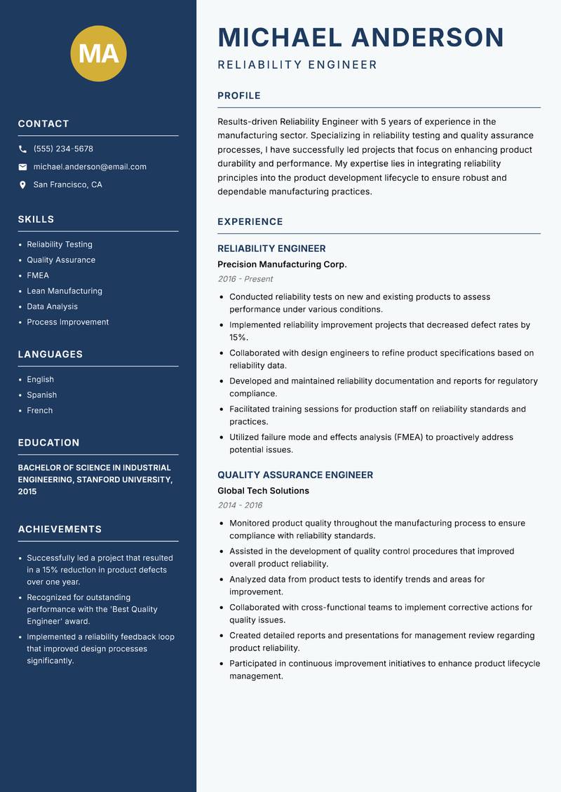 Reliability Engineer resume template — Classic Clean