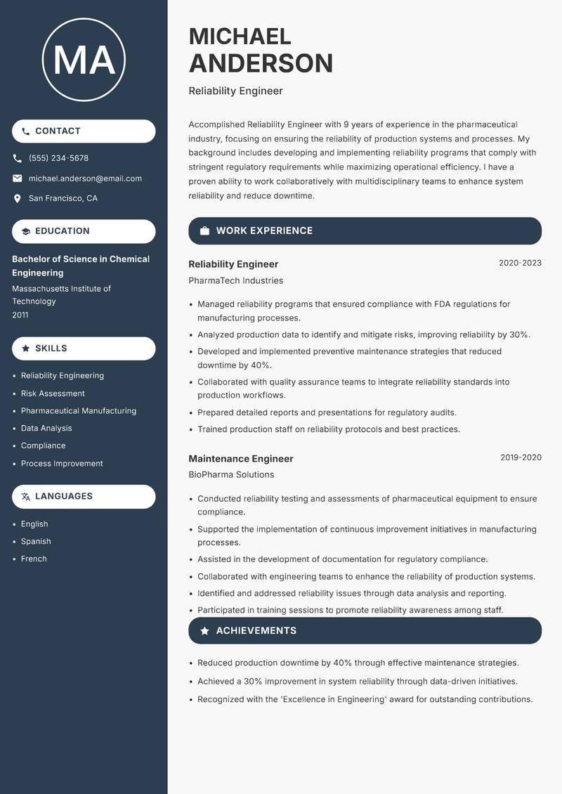 Reliability Engineer resume template — Compact
