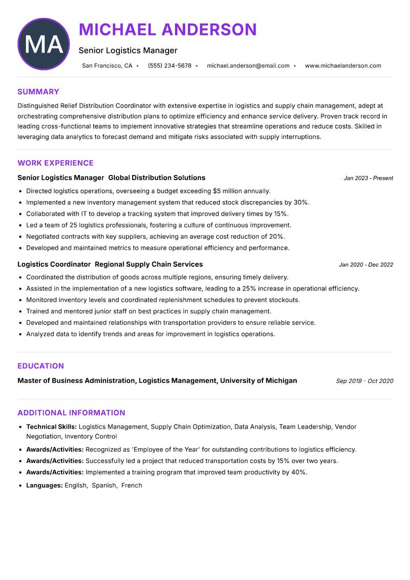 Relief Distribution Coordinator resume example — ATS-friendly template