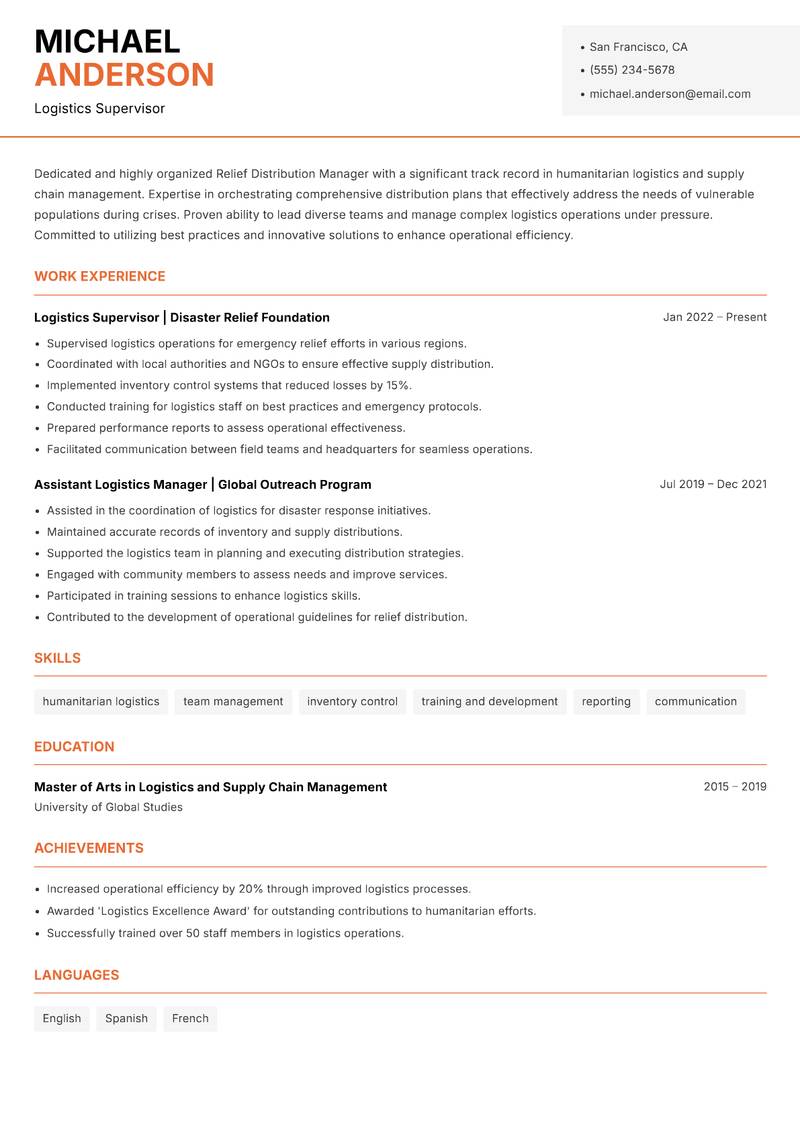 Relief Distribution Manager resume template — Modern Professional