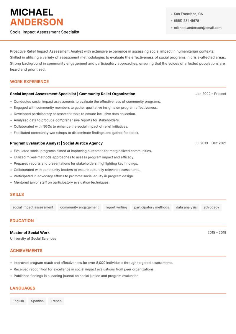 Relief Impact Assessment Analyst resume template — Modern Professional