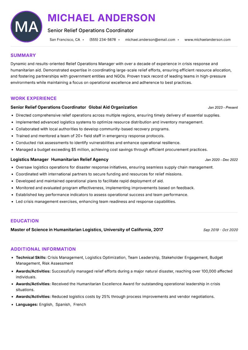 Relief Operations Manager resume example — ATS-friendly template