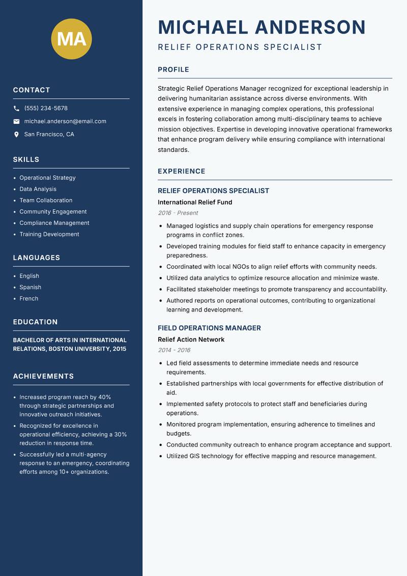 Relief Operations Manager resume template — Classic Clean