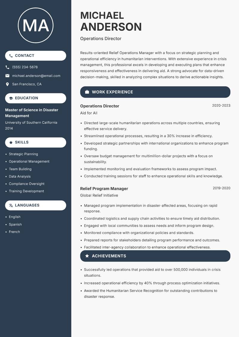 Relief Operations Manager resume template — Compact