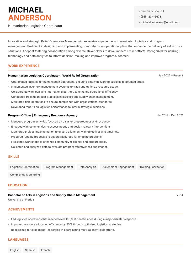 Relief Operations Manager resume template — Modern Professional