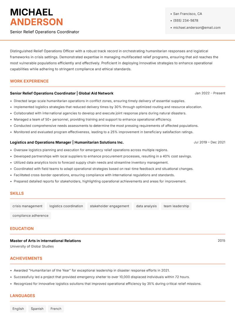 Relief Operations Officer resume template — Modern Professional
