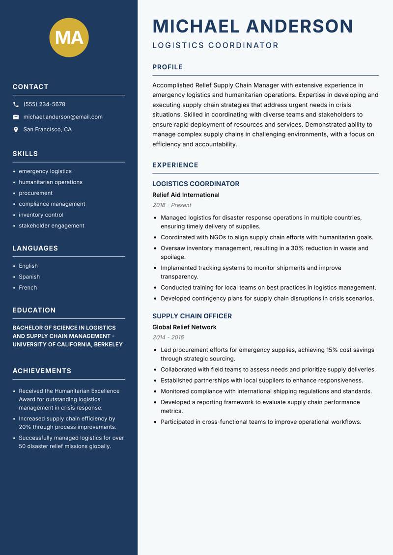 Relief Supply Chain Manager resume template — Classic Clean