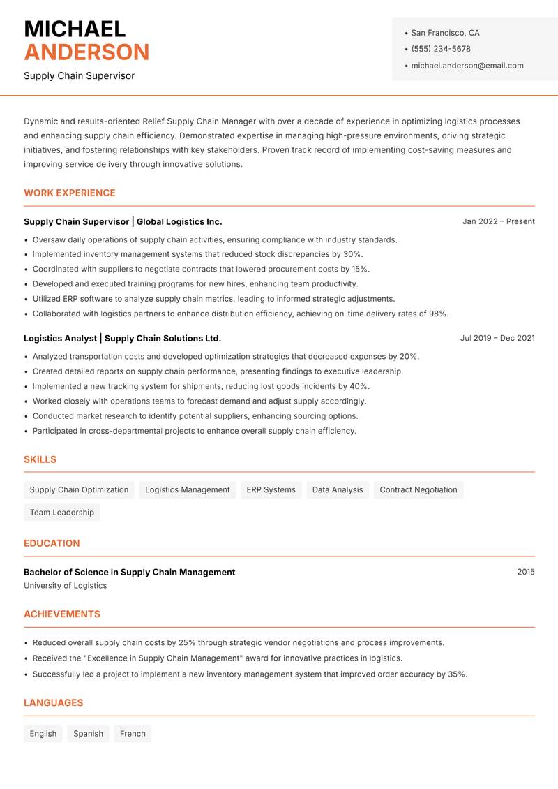 Relief Supply Chain Manager resume template — Modern Professional