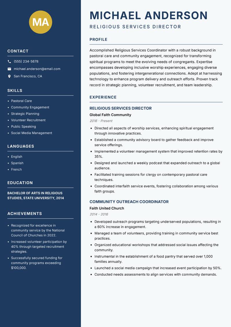 Religious Services Coordinator resume template — Classic Clean