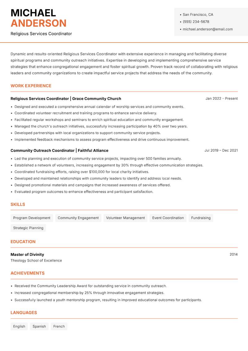 Religious Services Coordinator resume template — Modern Professional