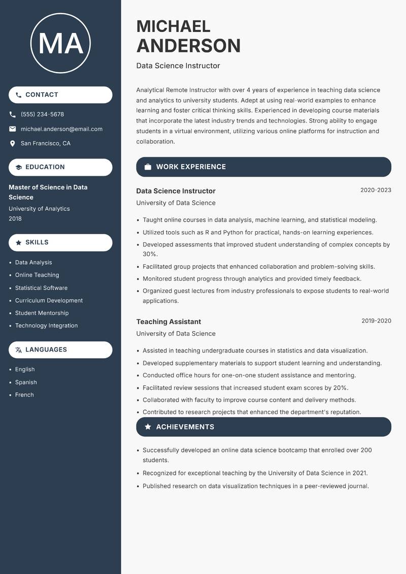 Remote Instructor resume template — Compact