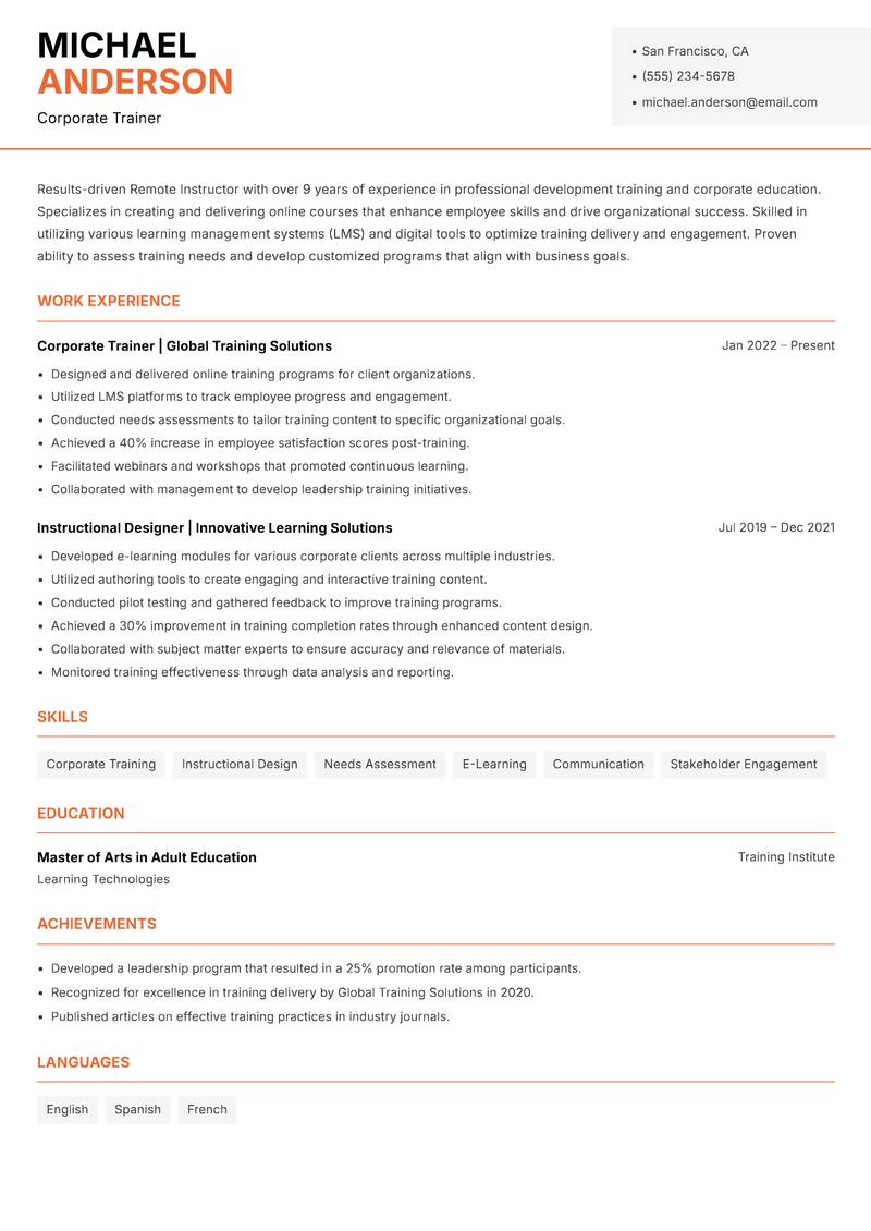 Remote Instructor resume template — Modern Professional