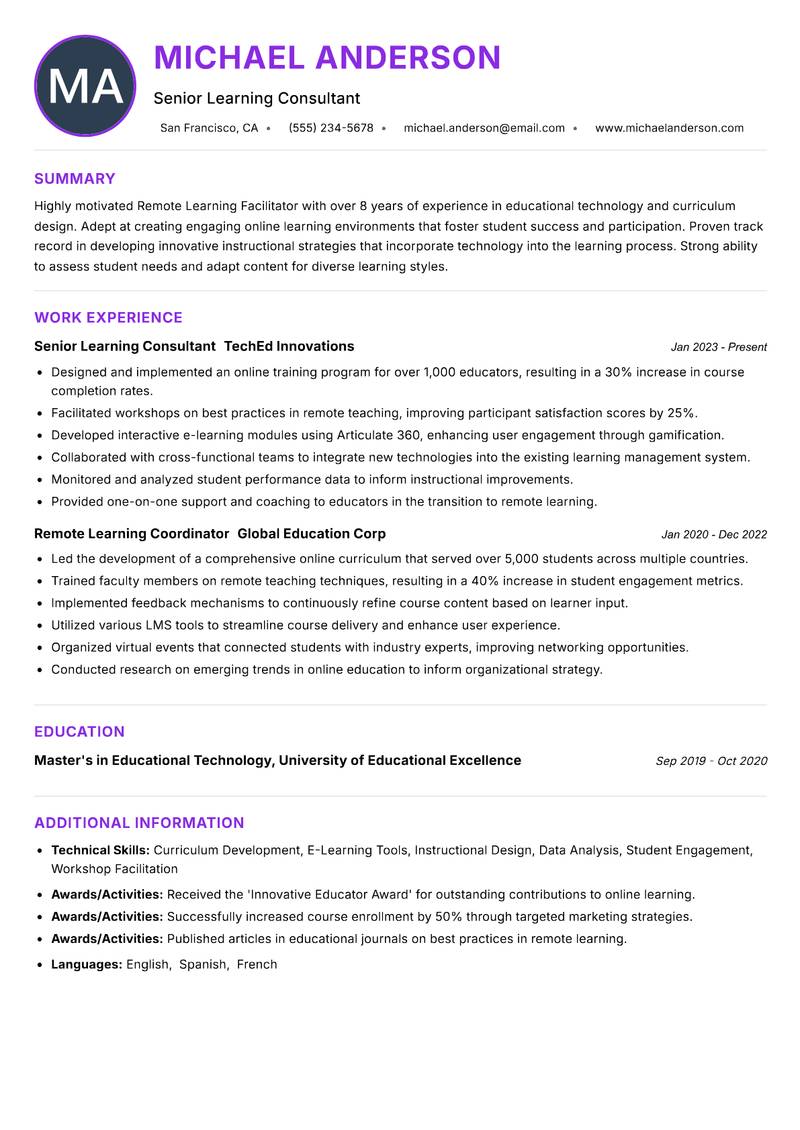 Remote Learning Facilitator resume example — ATS-friendly template