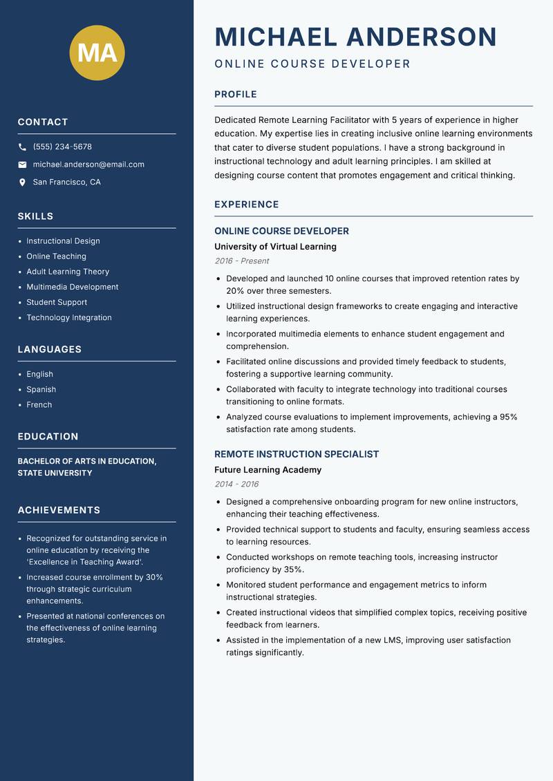 Remote Learning Facilitator resume template — Classic Clean