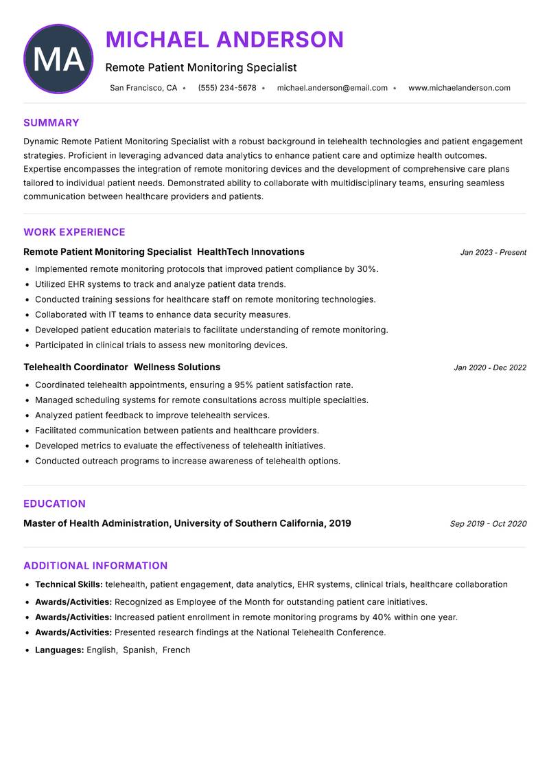 Remote Patient Monitoring Specialist resume example — ATS-friendly template
