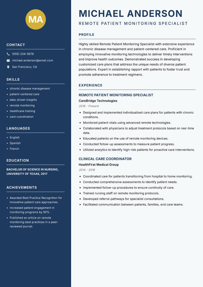 Remote Patient Monitoring Specialist resume template — Classic Clean