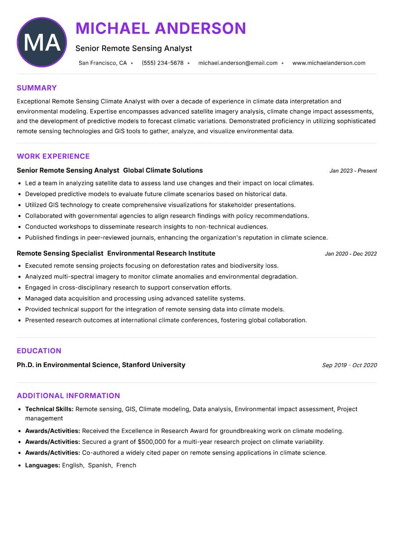 Remote Sensing Climate Analyst resume example — ATS-friendly template