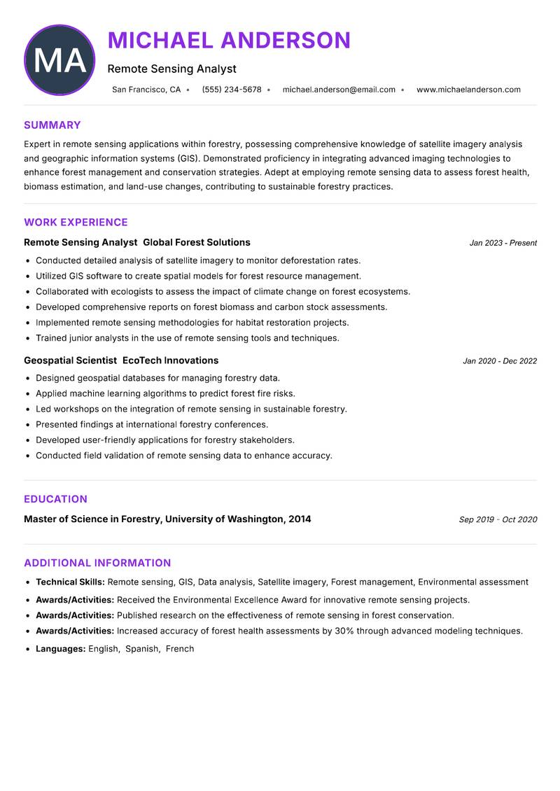 Remote Sensing Forestry Specialist resume example — ATS-friendly template